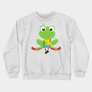 Winter Frog, Cute Frog, Green Frog, Skis, Skiing Crewneck Sweatshirt